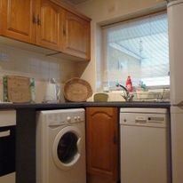 The kitchen: microwave, oven, washing machine, dishwasher, fridge freezer
